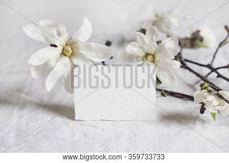 Wedding Stationery Mock-up Scene. Blank Greeting Business, Rsvp Paper Card On Linen Tablecloth Backg
