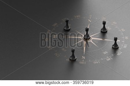 Golden Compass Rose Over Black Background With Five Pawns. Business Advice  Or Strategic Marketing  