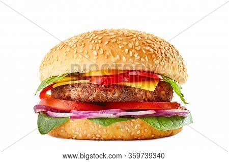 Classic Burger With Beef Or Pork Cutlet, Tomatoes. Bell Pepper, Red Onion, Cheese, Basil And Spinach