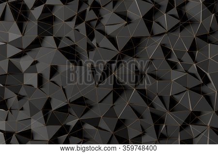 Abstract Futuristic Low Poly Background From Black Triangles With A Luminous Gold Grid. Minimalist B