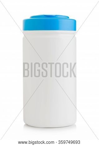 Plastic Container Of Wipes For Rapid Disinfection Of Hand Surface And Equipment On White.
