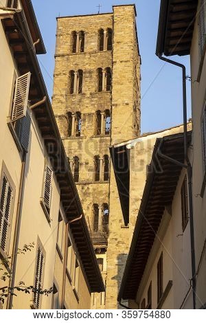Historic Buildings In Arezzo, Tuscany, Italy. Belfry Of Santa Maria Della Pieve