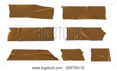 Adhesive Sticky Tape. Strips Sticker, Pieces Scotch. Isolated Realistic Golden Sellotapes. Old Packa