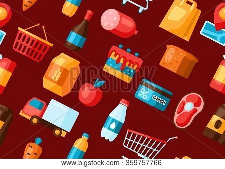 Supermarket Seamless Pattern With Food Icons. Grocery Illustration In Flat Style.