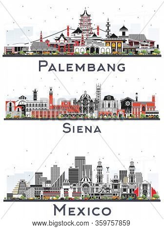 Palembang Indonesia, Mexico and Siena Tuscany Italy City Skylines with Color Buildings Isolated on White. Business Travel and Tourism Concept with Historic Architecture. Cityscapes with Landmarks.