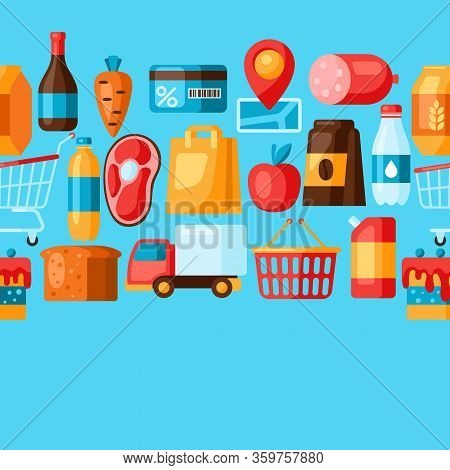 Supermarket Seamless Pattern With Food Icons. Grocery Illustration In Flat Style.