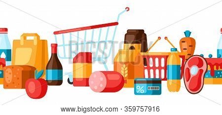 Supermarket Seamless Pattern With Food Icons. Grocery Illustration In Flat Style.
