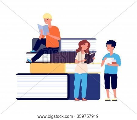 Kids Reading. School Children With Books. Girl And Boy, Little Students Learning. Huge Book And Read