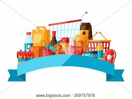 Supermarket Background With Food Icons. Grocery Illustration In Flat Style.