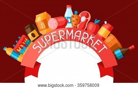 Supermarket Background With Food Icons. Grocery Illustration In Flat Style.