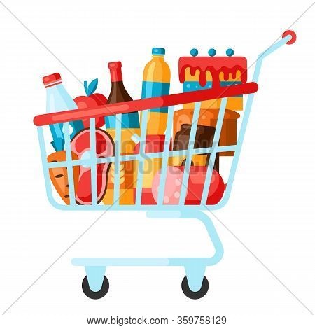 Supermarket Shopping Chart Full Of Products. Grocery Illustration In Flat Style.