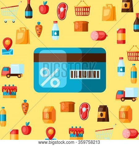 Supermarket Shopping Discount Card With Products. Grocery Illustration In Flat Style.