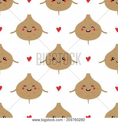 Cute Vector Seamless Pattern Background With Jicama Vegetable Characters And Hearts.