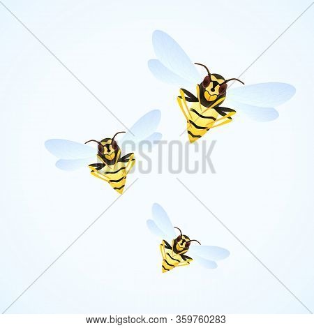 Wasp Swarm Cartoon Illustration Isolated On White Background. Poisonous Insect. Yellow Wasps. Vector