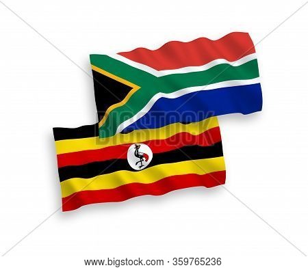 National Fabric Wave Flags Of Uganda And Republic Of South Africa Isolated On White Background. 1 To