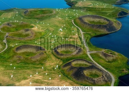 Volcanic Craters In Iceland Aerial View From Above, Myvatn Lake