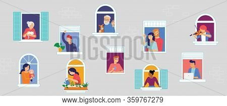 Stay At Home, Concept Design. Different Types Of People, Family, Neighbors In Their Own Houses. Self