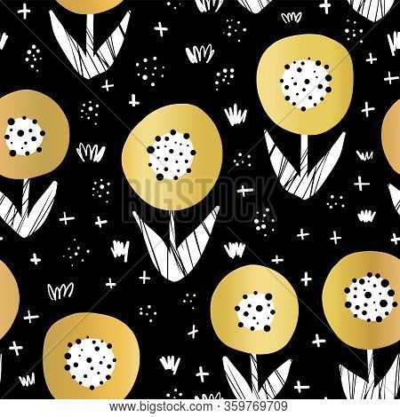 Seamless Gold Foil Flowers Vector Pattern. Metallic Shiny Golden Florals On Black Repeating Pattern.