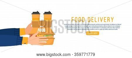 Online Food Delivery. Food Delivery From Courier To Customer Because Coronavirus. Hands Hold Paper S