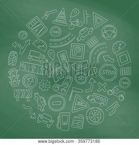 Set Of Cars, Road Objects, Traffic Signs And Automobile Symbols. Vector Illustration In Doodle Style