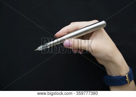 Silver Microblading Pen For Eyebrow On Black Background