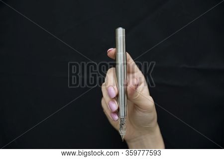 Silver Microblading Pen For Eyebrow On Black Background