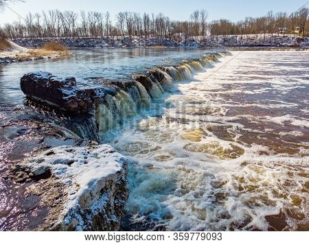 Warm Winter Day View Of Ventas Rumba Riverfall, The Wides Waterfall In Whole Europe. Photo Taken In 