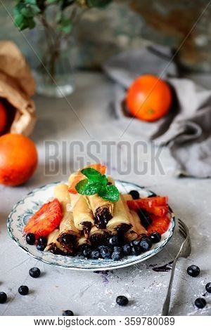 Crepes With Chocolate.. Selective Focus. Style Vintage