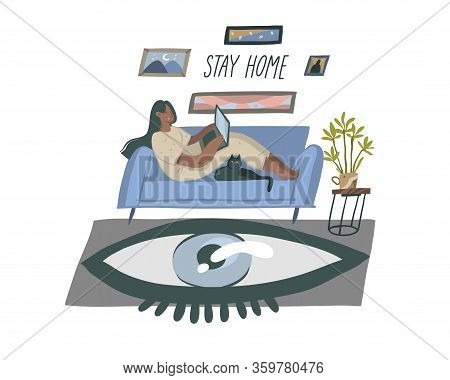 Hand Drawn Vector Stock Abstract Graphic Cartoon Illustration With Black Woman Character, Freelancer