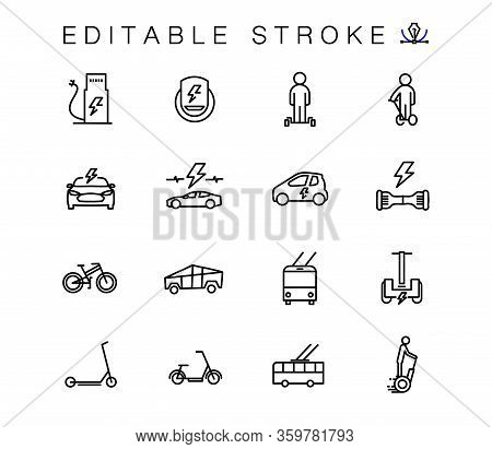 Eco Transport. Vector Linear Icons Set With Gyro Scooter Skateboard Monocycle Bicycle Electric Car E