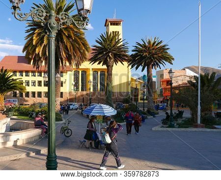 Sicuani Peru, August 16 Public Gardens With Palm Trees In Arms Square A Meeting Point For Locals And