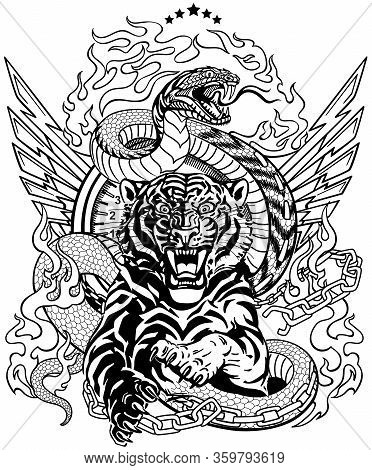 Roaring Tiger In The Jump And Snake Like Road. Design Template Include Broken Chain, Tongues Of Flam