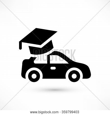 Driving School Simple Black Icon. Auto Education Logo With Car And Graduation Cap With Shadow Isolat