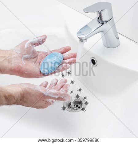 Washing Hands With Antibacterial Soap In Hot Water To Protect Against Spread Of Coronavirus Germs. V