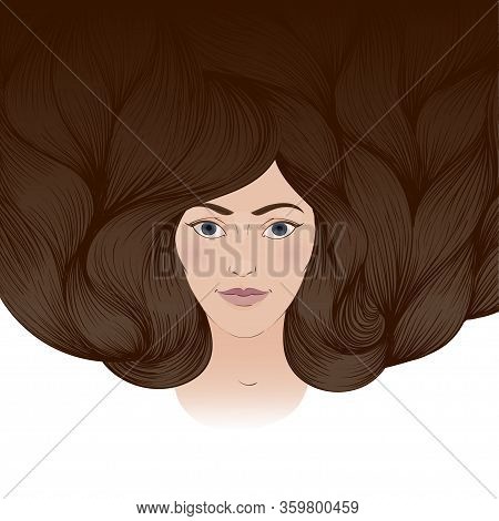 Vector Illustration Of A Beautiful Girl With A Long Brown Crimpy Hair. A Greeting Card, An Invitatio