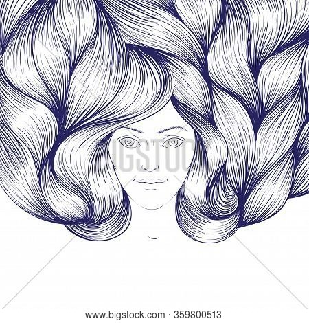 Vector Line Blue Illustration Of A Beautiful Girl With A Long Crimpy Hair. A Greeting Card, An Invit