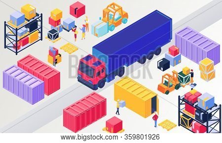 Isometric Logistics, Warehouse Vector Illustration. 3d People Loading Box In Pallet, Worker Characte