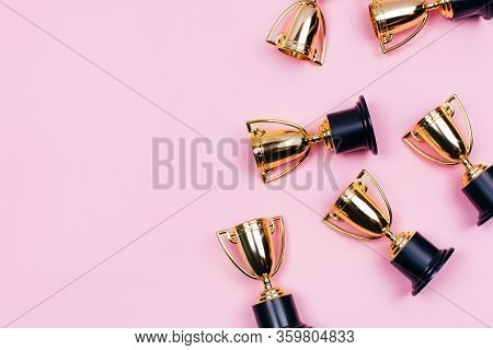 Winner Cups On A Pink Background. Banner With A Place For Text. Flat Lay Style.
