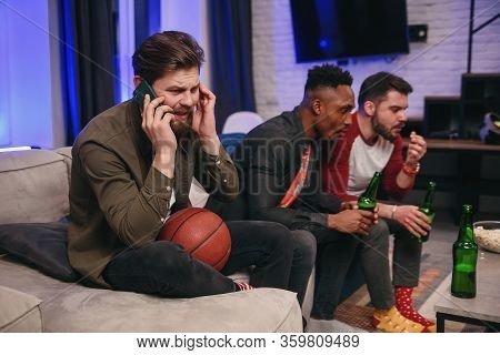 Fierce Noisy Likable 30s Multiracial Male Friends Encouraging With Shouts Their Favourite Football T