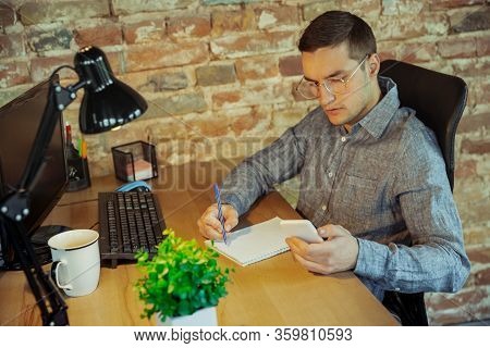 Get Task To Do. Man Working From Home During Coronavirus Or Covid-19 Quarantine, Remote Office Conce