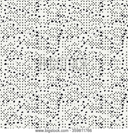 Dotted Seamless Pattern. Grunge Print. Ink Spray Background. Irregular Chaotic Black Blots, Paint Sp