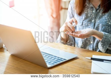 Bussiness Worman Work From Home Wearing Protection Mark In Covid-19 Virus Situation. Her Working In 