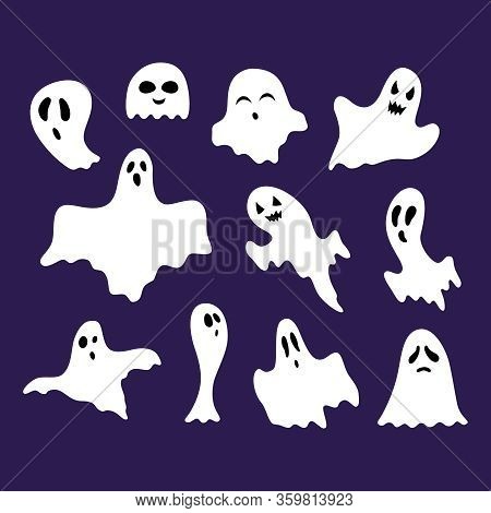 Cartoon White Ghosts Signs Icon Set Different Type Symbol Of Horror Flat Design. Vector Illustration