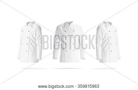 Blank White Chef Jacket With Buttons Mockup, Front And Side, 3d Rendering. Empty Reefer Or Cooker Pr