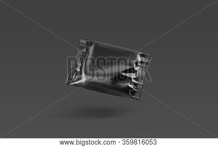 Blank Black Square Chocolate Bar Foil Wrap Mockup, No Gravity, 3d Rendering. Empty Sachet Packing Fo