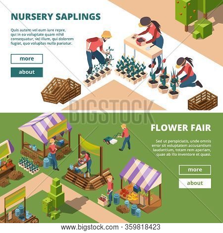 Local Markets Isometric. Farmers And Gardeners Outdoor Selling Agricultural Products Milk Meal And F