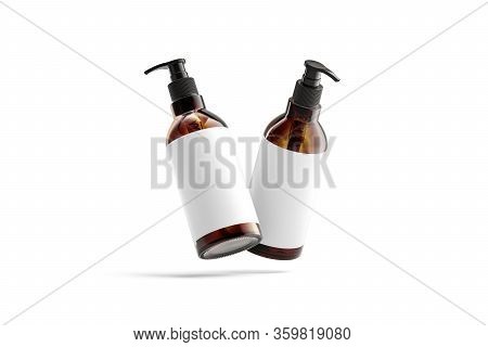 Blank Amber Glass Pump Bottle With White Mockup, No Gravity, 3d Rendering. Empty Lotion Or Oil Pumpp