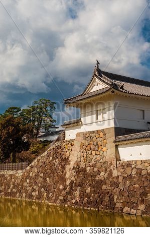 Odawara, Japan - March 14: Visiting The Odawara Castle Park Walls And Moat, In Kanto Region March 14