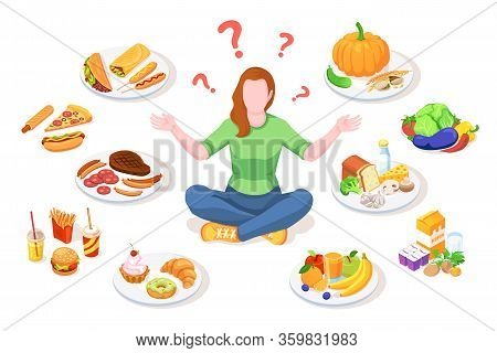 Woman Choosing Healthy And Junk Food. Person Making Choice Between Unhealthy And Organic Nutrition. 