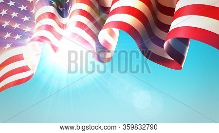 The Sun Shines Through The Waving Usa Flag. Usa Waving Flag On Blue Sky For Banner Design. Festive P